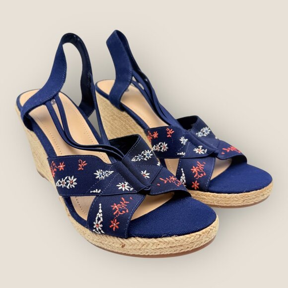 New Christopher & Banks Navy Blue Wedge Sandals Embroidered Floral Straps sz 10M - Picture 1 of 16